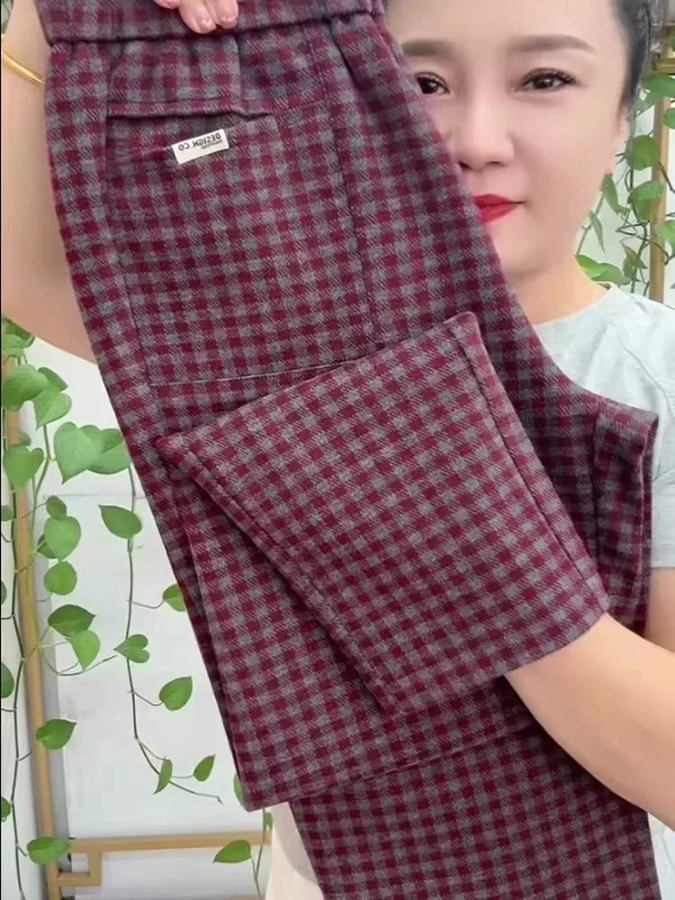 

2026 New Women Pants Spring Fashion Retro Plaid Slacks Casual High Waist All-Match Plus Size Nine-Point Straight Haren Trousers