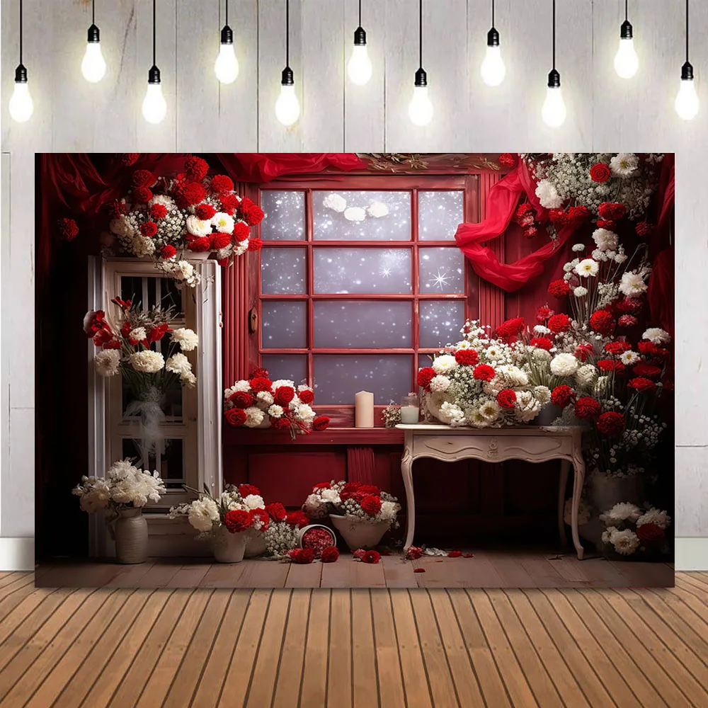 Red Rose Flowers Background for Photography Valentine's Day Windows Photo Backdrop for Newborn Baby Portrait Photoshoot Props