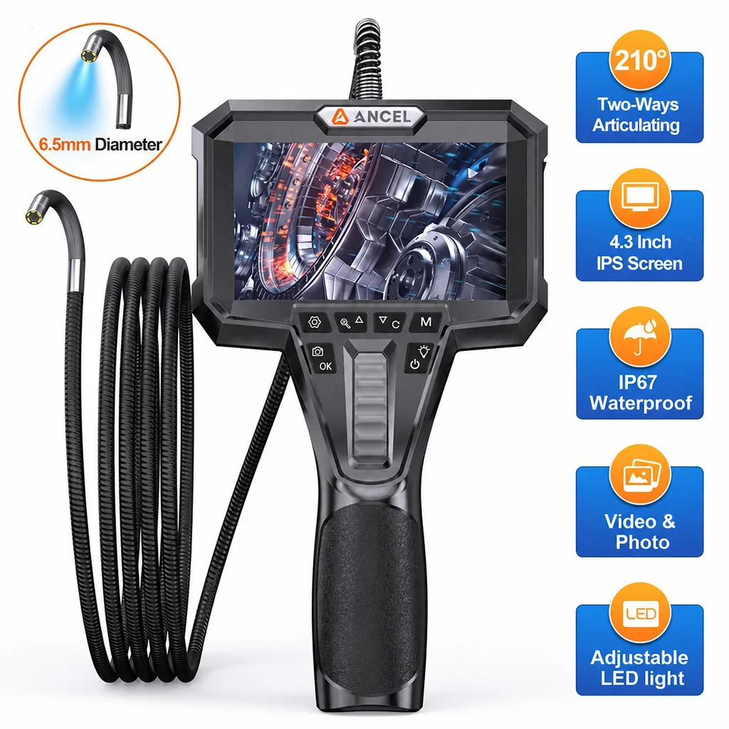 Articulating Borescope Camera 6.5mm HD Inspection Camera 210° Rotatable Lens 4.3