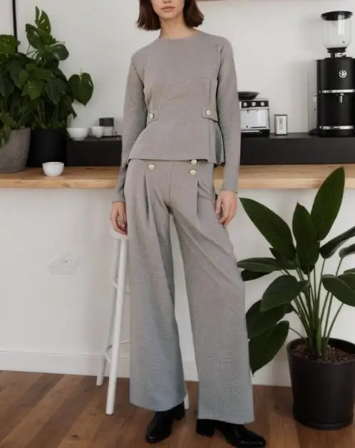 

Autumn Style Casual Women's 2-Piece Round Neck Zipper Slim Fit Top and High Waisted Button Decoration Straight Leg Pants Set