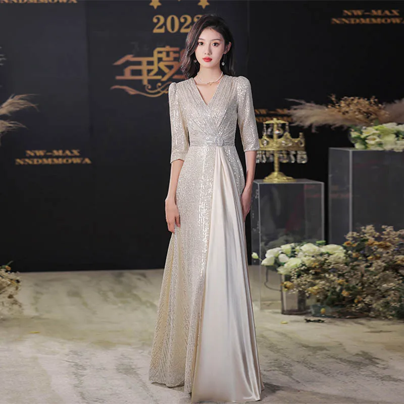 여성용 샴페인 이브닝 원피스, 연회, 품격 있는 레이디, 연회 주최자, 긴팔, 가을