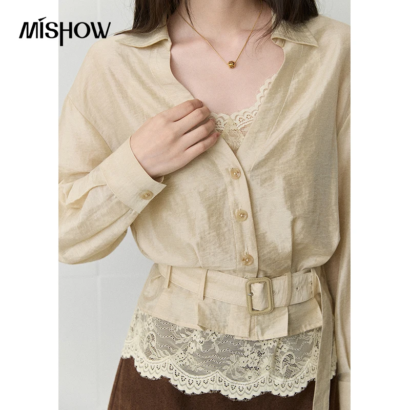 MISHOW Women's Shirt Strap Top Lace Two‑Piece Set 2026 Autumn Lapel Shirt with Waist Belt Elegant Office Lady Top MXF45T3263