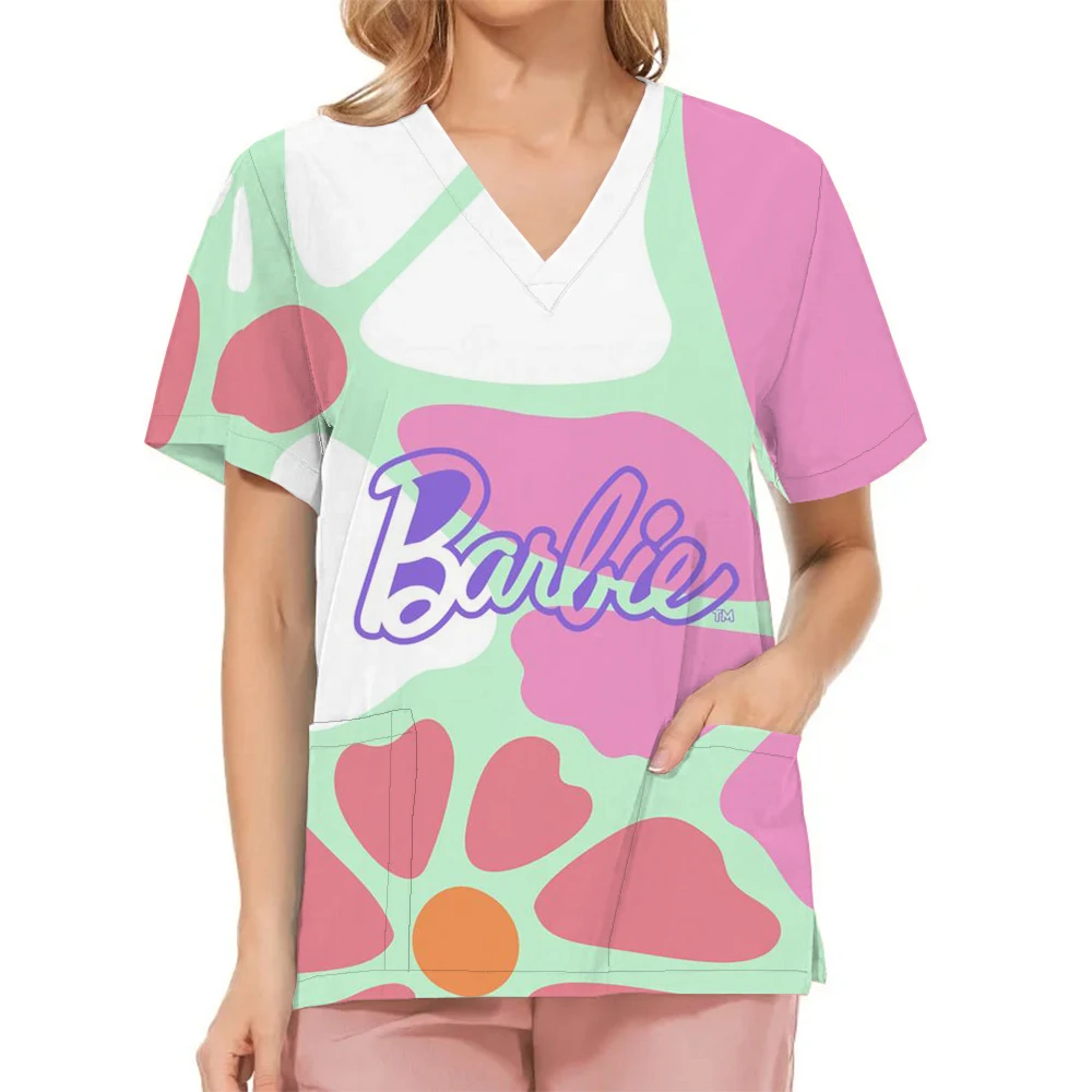 Miniso Medical Nurse Uniforms Women Medical Barbie Print Scrub Shirts Clinical V-neck Blouse Cartoon Pocket Scrubs Beauty Work