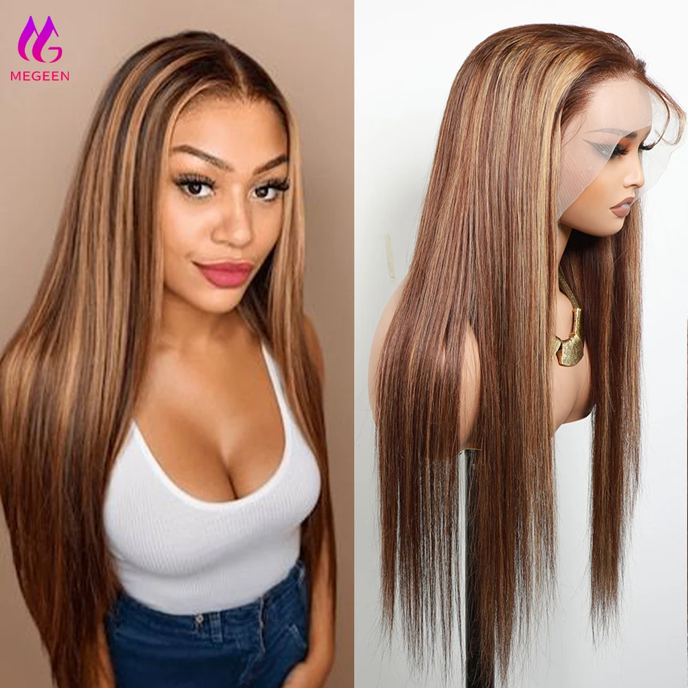 

Megeen Pre Plucked Highlight P4/27 Colored Straight 100% Human Hair 13X4 Lace Frontal Wig Human Hair Honey Blonde Lace Front Wig