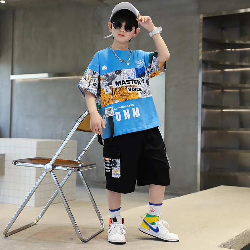 Summer Boys Cotton Alphabet Picture Printed T-Shirt Tops+Shorts Pant School Kids 2PCS Tracksuit Child Outfits Workout Set 3-16Yr