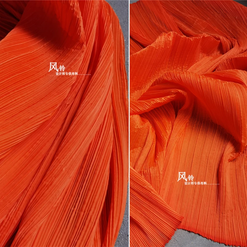 

Pleated Fabric Orange-red Creative Cloth Striped Pleats DIY Art Background Decor Skirt Dress Clothes Designer Fabric