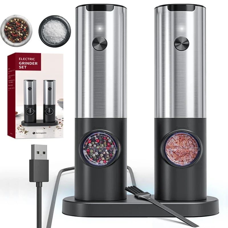 Elektrisches Salz- und Pfeffermühlen-Set mit Sockel, wiederaufladbar über USB, Edelstahl-Pfeffermühle, Einhand-Automatikbedienung