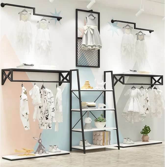 

Children's clothing store display rack Wall mounted shelves on children's clothing hangers