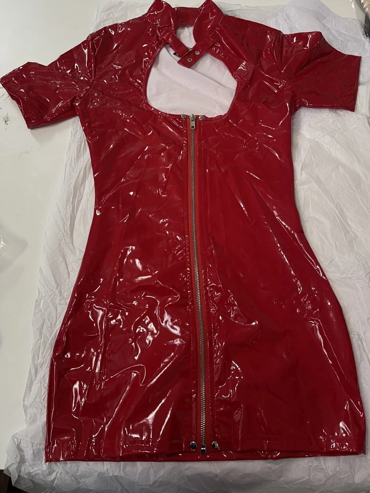 ผู้หญิง PVC หนัง Bodycon ซิปด้านหน้าเป้าดูเปียก Catsuit เซ็กซี่เร้าอารมณ์ Clubwear แขนสั้นแดนซ์