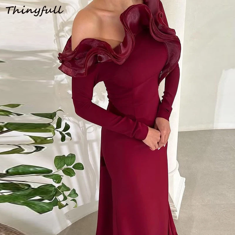 

Thinyfull Mermaid Arab Prom Dresses Full Sleeves Satin/Organza Evening Dress Dubai Long Formal Gown robes de soirée Customized