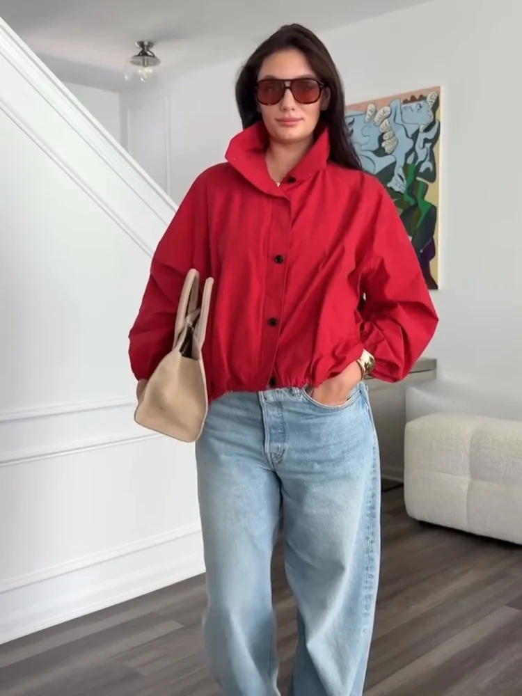 

Осень 2024, красная куртка-бомбер с длинными рукавами для женщин, женская однобортная шикарная верхняя одежда, уличные пальто на молнии с отложным воротником