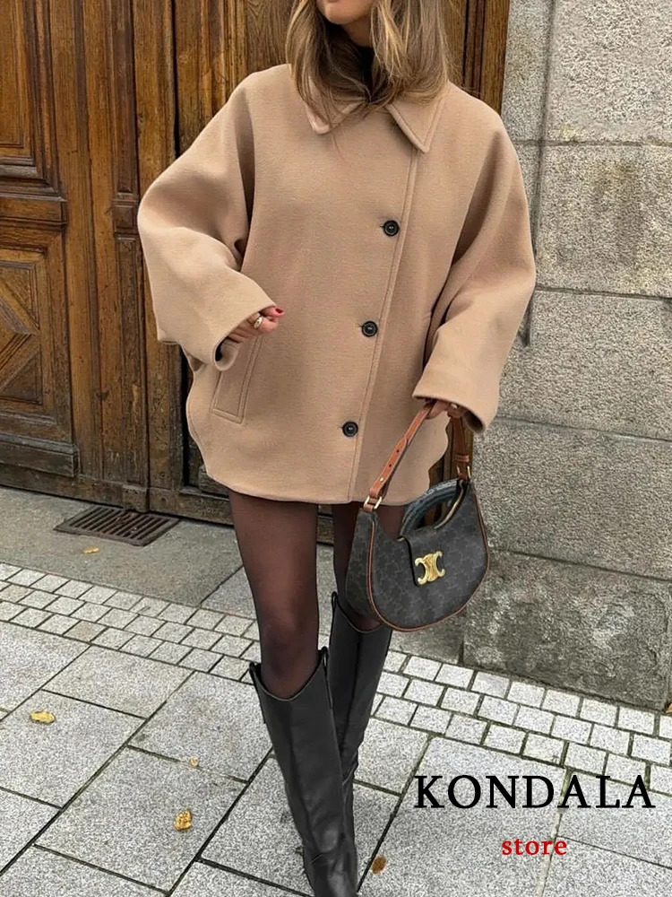 KONDALA Casual Women Jackets Solid Camel Pockets Long Sleeve Loose Coats Fashion 2023 Autumn Winter Oversized Jackets Outwears