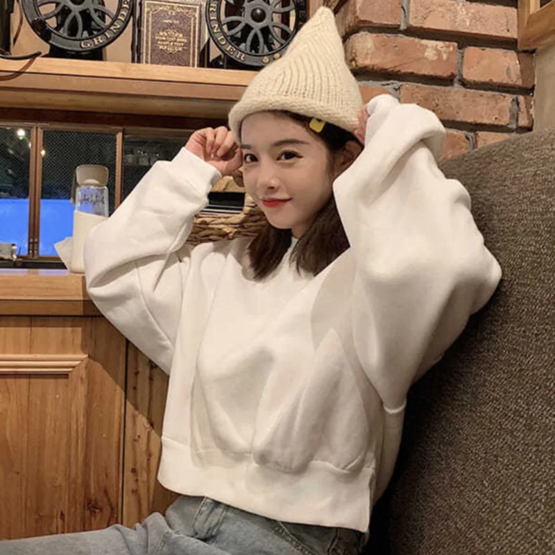 Women Sweatshirts Solid Casual Aesthetic Long Sleeve Cropped All-match Fashion Feminino Students Friends Autumn Simple Ulzzang