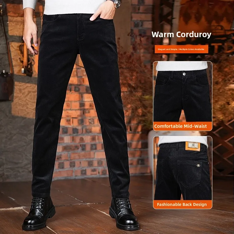 

Men's Autumn Winter Corduroy Slim Fit Casual Pants Warm Elastic Trousers Faionable Ci Sle Cotton Blend Small Footwear
