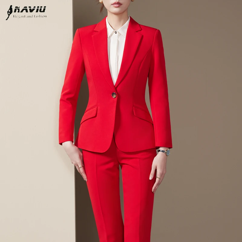 

NAVIU Red Suits Women Spring Autumn Professional Formal Single Button Slim Blazer And Pants Office Ladies Work Wear