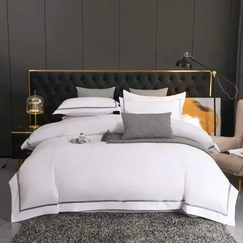

800TC Brushed White Premium Simple Bedding Set Ultra Soft Comfortable Patchwork Edge Duvet cover Bed Sheet Pillowcases King 4Pcs