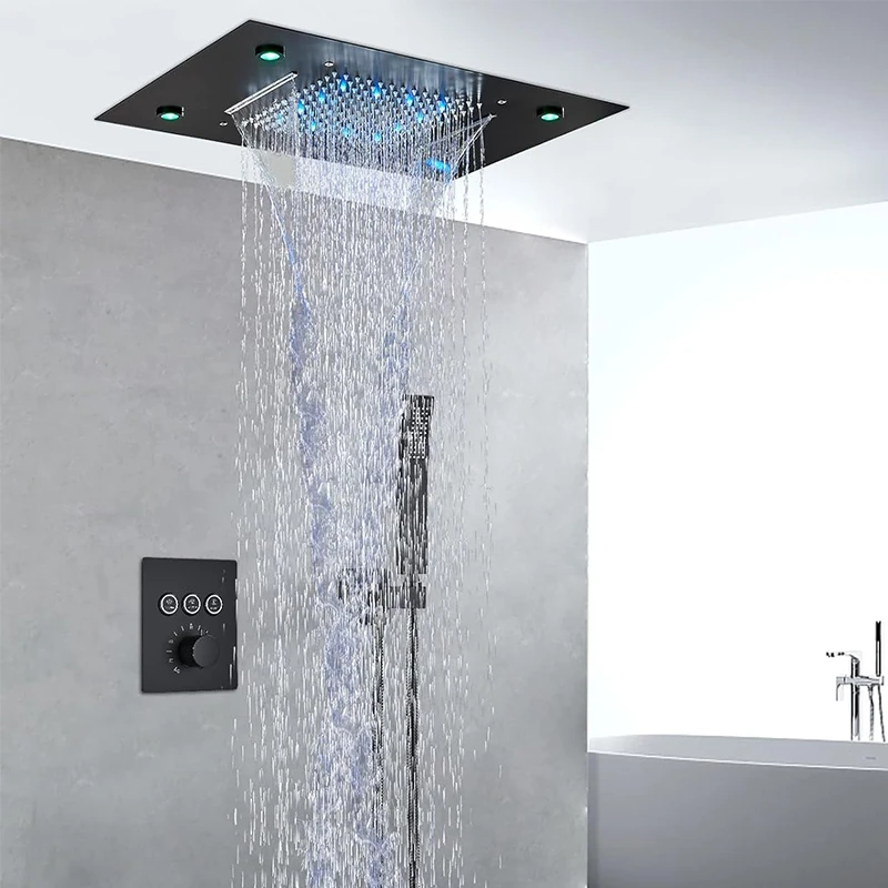 Thermostatic Mixers Bathroom Shower Faucet Set Led Rain Waterfall Bathtub Shower System Remote Control Colors Ceiling Mounted