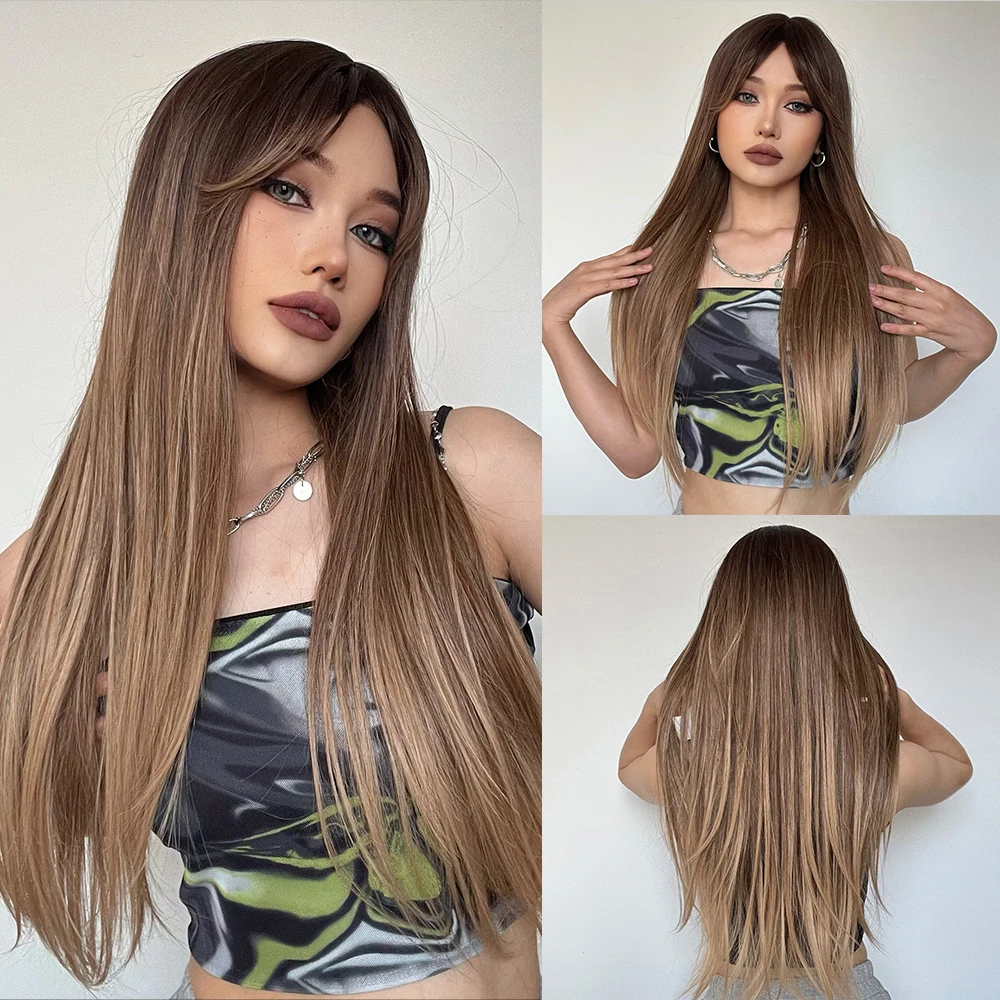 oneNonly Long Straight Synthetic Wigs Brown Wig with Bangs for Women Natural Daily Cosplay Christmas Hair Heat Resista