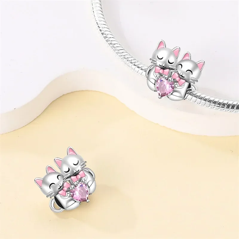 

925 Silver Charms Animal Color Pink Rabbit Sheep Cat Dog Beads Fit 3mm 925 Original Bracelets Fine DIY Birthday Jewelry Make