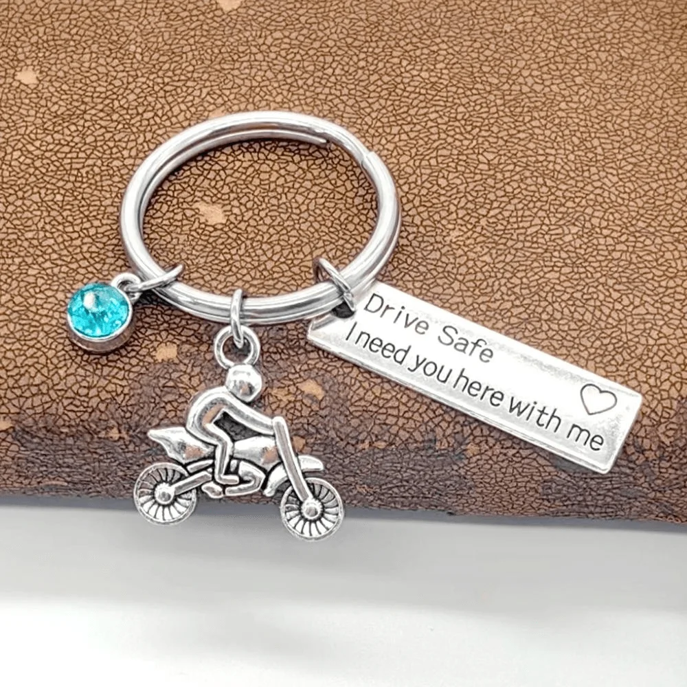 1Pc Motorcycle Birthstone Keychains,Drive Safe Keyring,Biker Gifts For Husband Son Family Friend,Gift For Valentine\'s Day