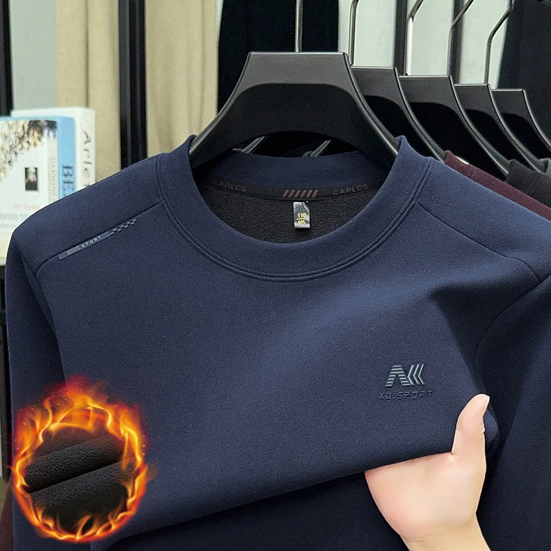 

2025 зимний новый бархатный утепленный мужской свитер с круглым вырезом, однотонный свитер, модная футболка, теплый базовый свитер