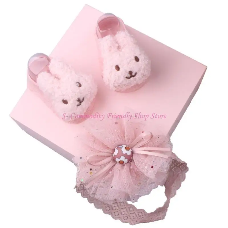 

85AE Lace Bow Headwrap Baby Ankle Socks Elastic Headband Infant Headpiece Photo Props