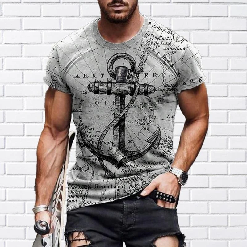 

Men Fashion Vintage Anchor Graphic T-shirt For Men O-neck Short Sleeve T Shirts Retro Street Sports Fitness Breathable Tee Top P