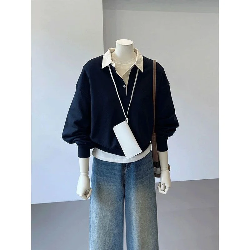 Design Marineblaues gefälschtes zweiteiliges Sweatshirt, dünn, neuer High-End- und modischer Stil im Frühling und Herbst, modisch und stilvoll