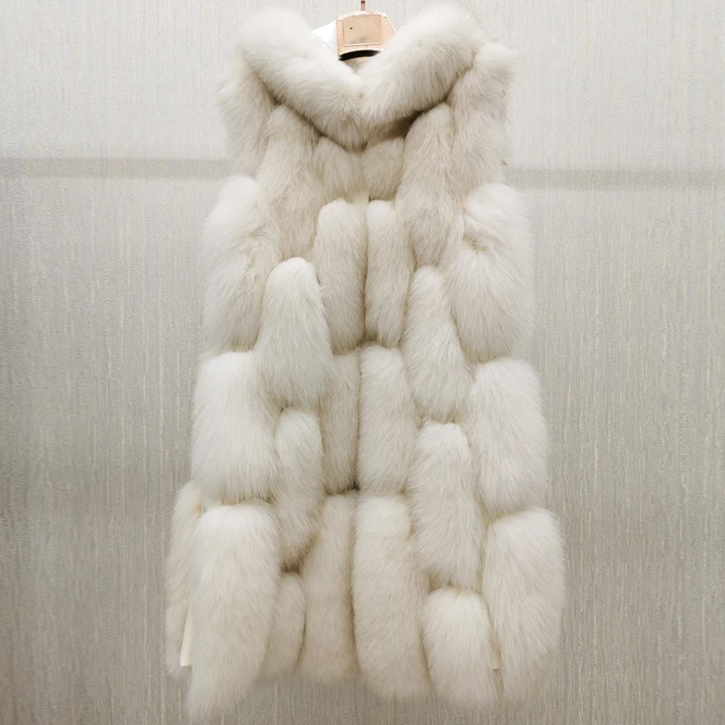 Hochwertige Luxus Frauen Echtpelz Mantel Winter jacke lange Natur fuchs Pelz Weste Echt Schaffell Leder Kapuze dicken warmen Mantel – Detail 4