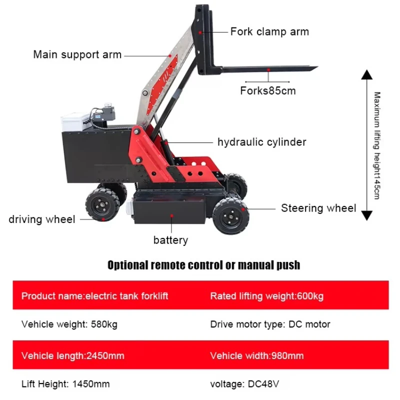 Forklift elektrik tangki kecil yang dipasang di tempat, untuk pengangkatan logistik gudang, pemuatan dan pembongkaran, stacker hidrolik.
