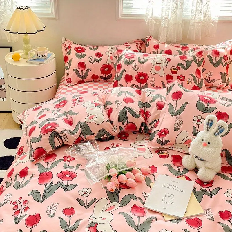 Cute Bear Bedding Set No Filler Ins Korean Style Duvet Cover Pillowcase 2024 New Single Full Size Kids Adult Soft Bed Linen