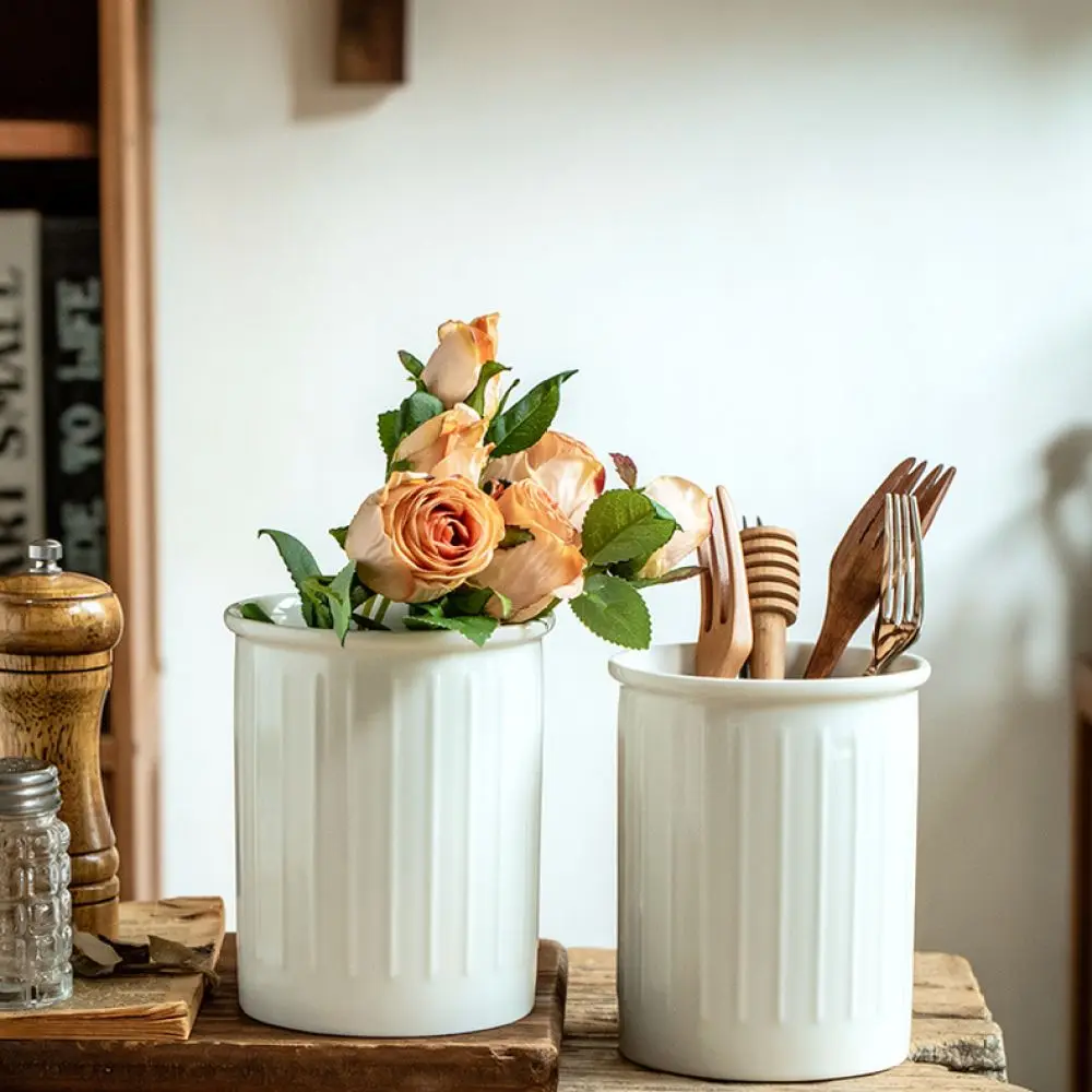 Decorative Ceramic White Embossed Storage Pot Kitchenware Holder Cutlery Organizer Modern Tabletop Flower Vase Decor