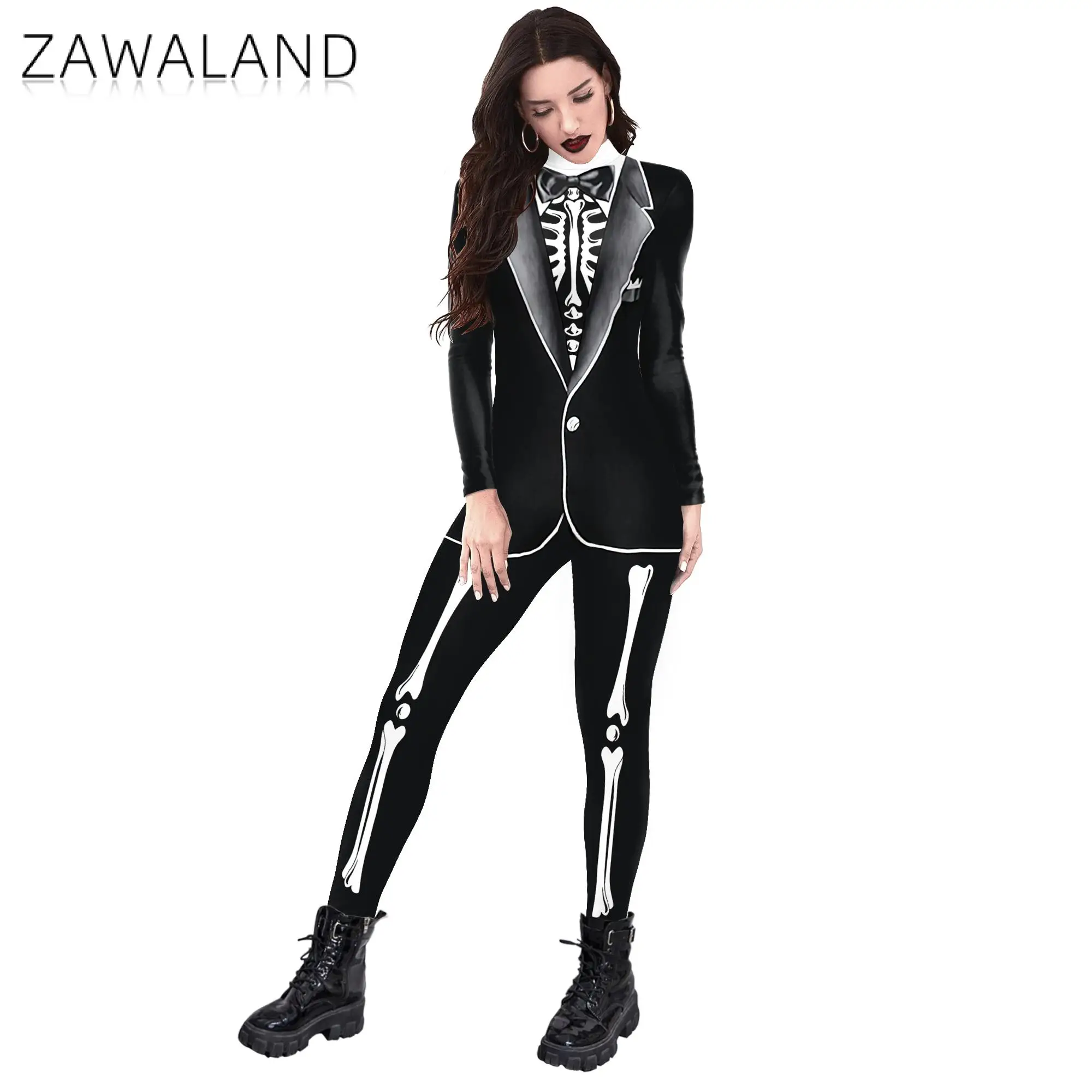 Zawaland Adult Women Men Halloween Cosplay Costume 3D Skeleton Print Uniform Zentai Carnival Party Bodysuit Fancy Outfit