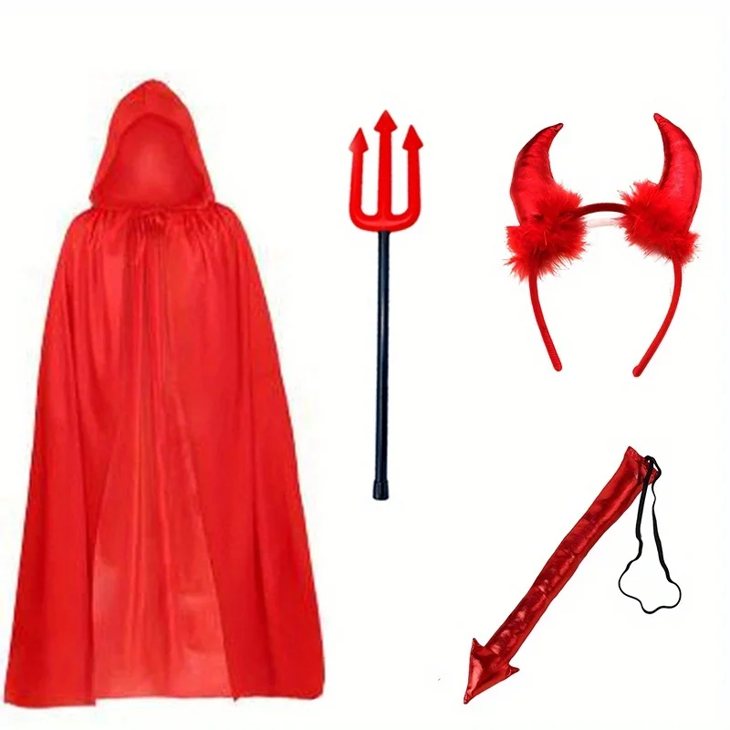 

PESENAR Halloween Devil Costume Set for men Reversible Cloak Devil Horn Headband Tail Red Fork