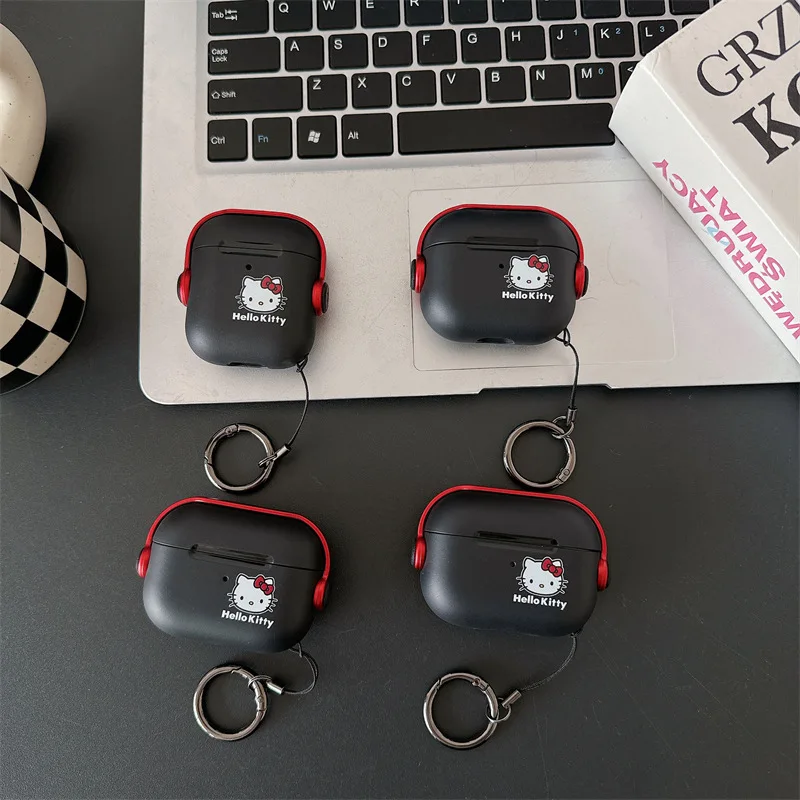 ハローキティ-AirPodsPro 2用の黒いシリコンケース,女の子と女性用のBluetoothヘッドセット保護