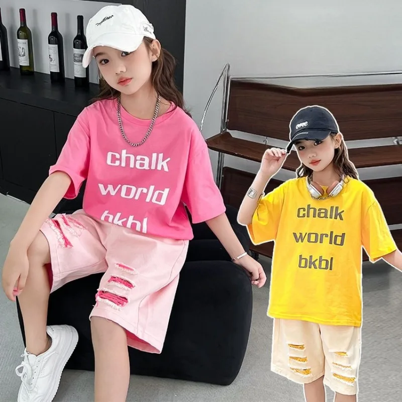

Girls Summer Clothing Set Fashion Children Loose T-shirt + Distressed Jeans Two-piece Set 2025 New