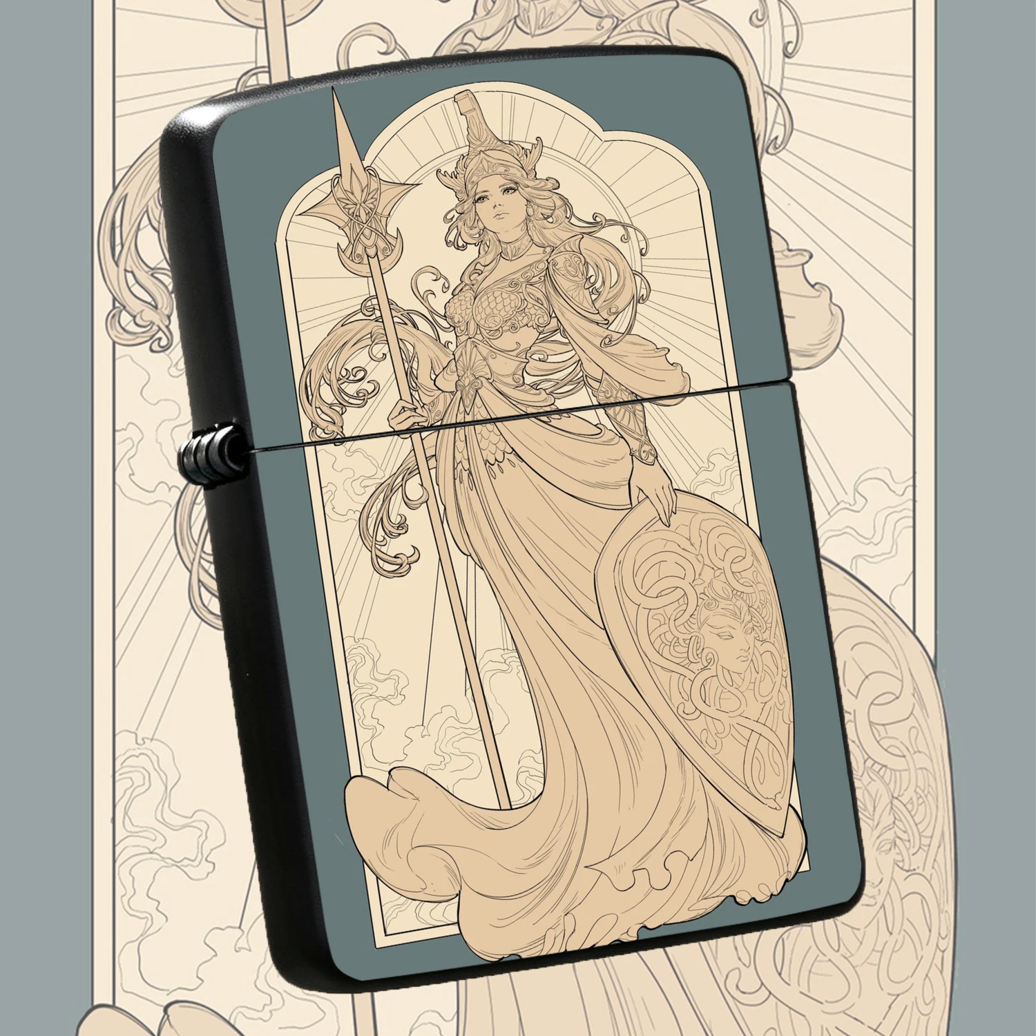 Vintage Art Nouveau Athena the Wise War Goddess  Exquisite Line Art Print PORTABLE Windproof Art Collectible Texture Personalized Cool Ignition TOOL for Daily Use Gifting to Friends and Hobbyists A fun and humorous lighter