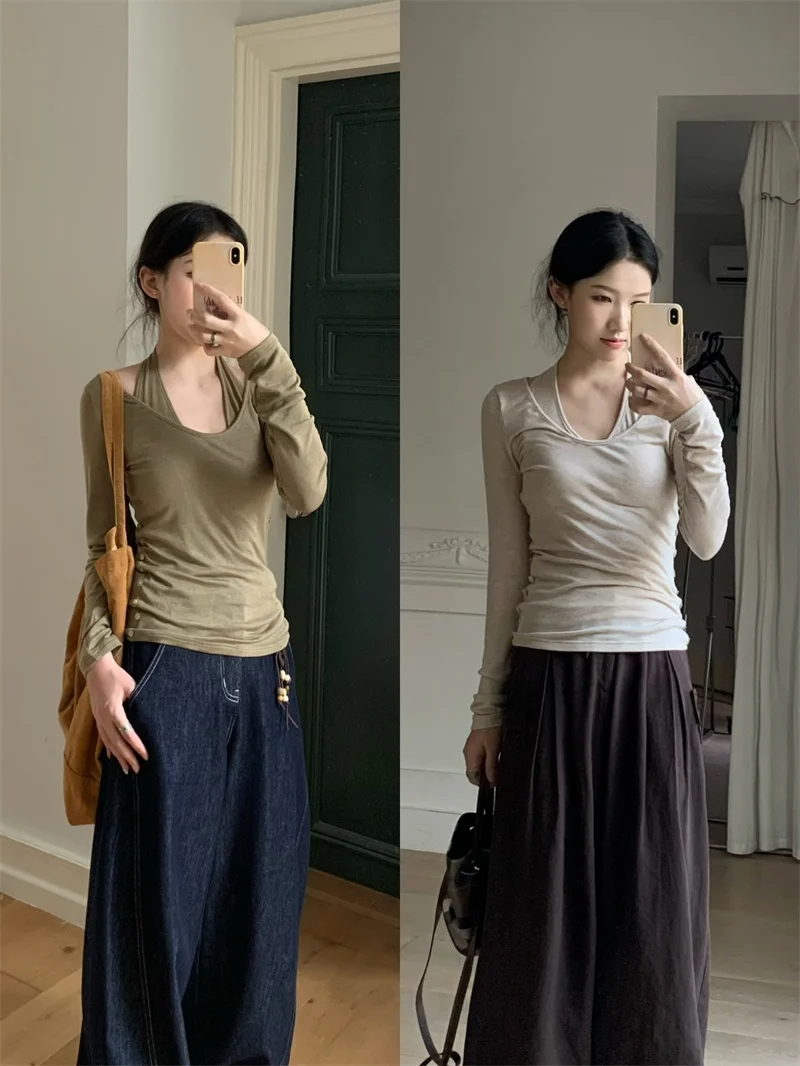 

Soft Skin-Friendly Knitted Long Sve Ne Hanging Strap Two-Piece Set Korean Sle Top Rouhop Comfortable Ry Fiber Blend