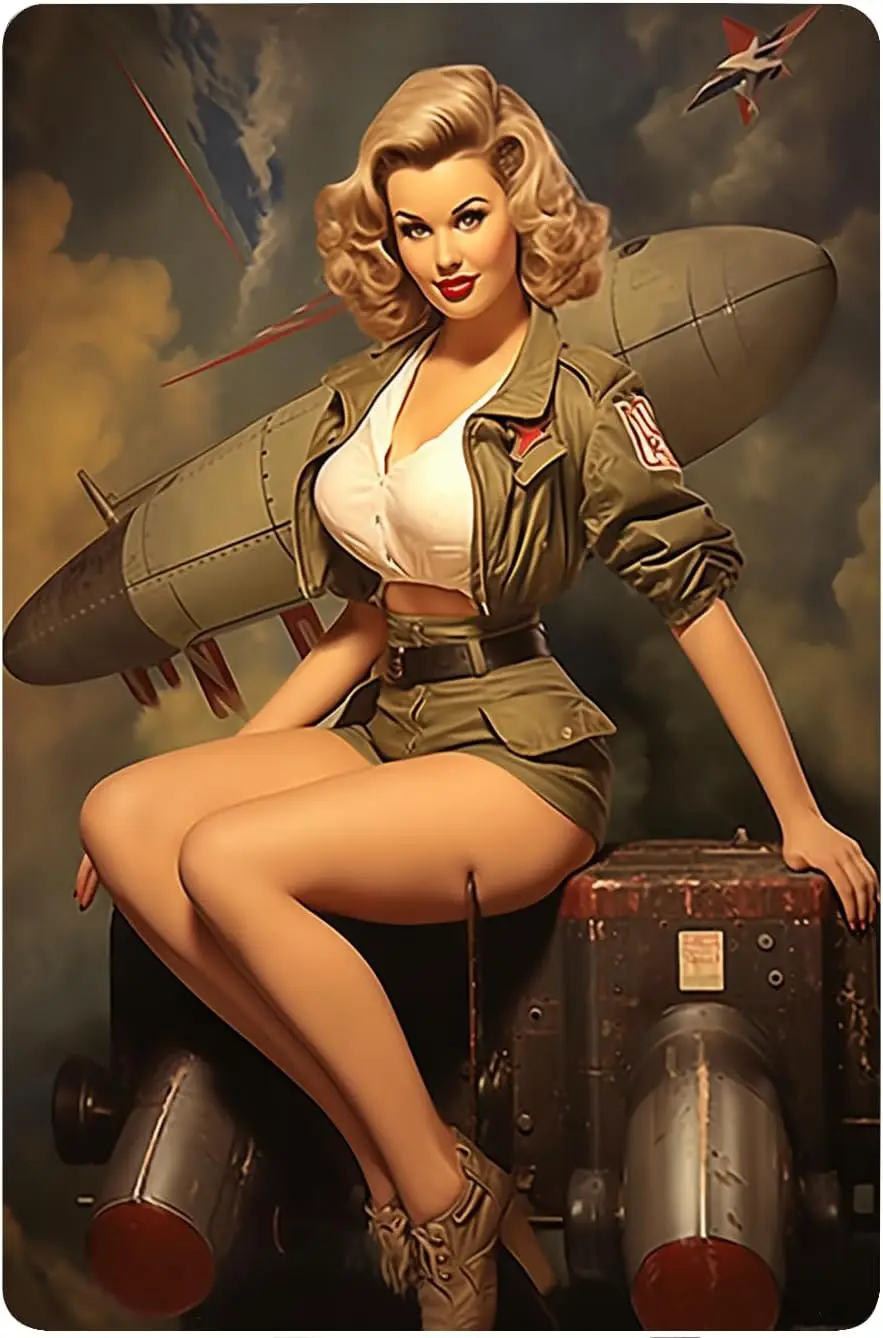 1940s Girl Military Girl sitting on missiles Sign Funny Tin Sign Bar Pub Diner Cafe Wall Decor Home Decor Art Poster Retro Vinta
