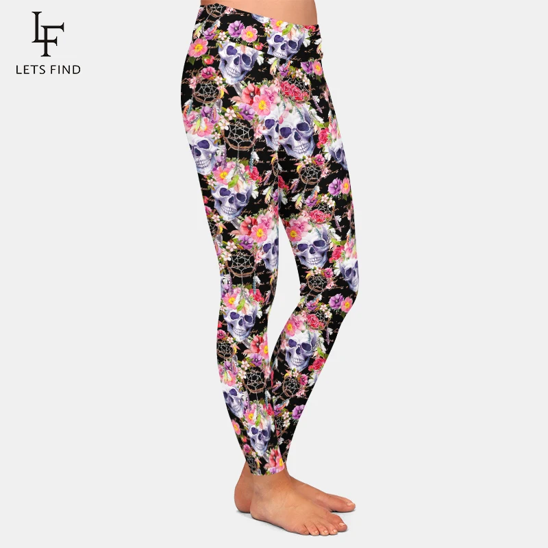 LETSFIND Mode Sexy Gedruckt Leggings 3D Menschlichen Schädel mit Blumen Drucken Frauen Hohe Taille Komfortable Leggings