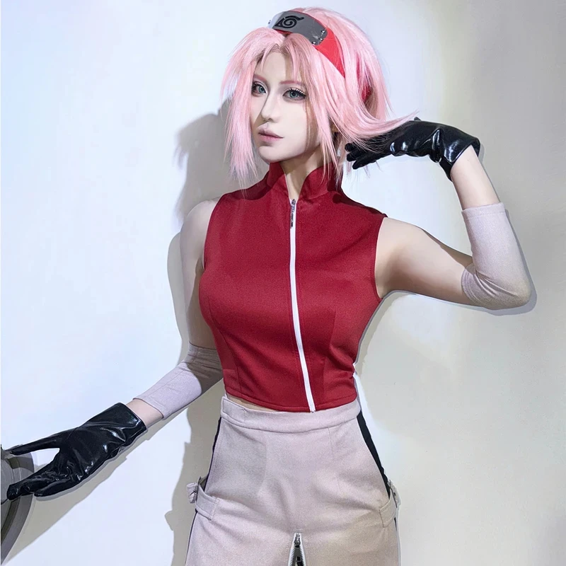 

♛2026♛ HOLOUN Anime Haruno Sakura Cosplay Costume Top Skirt Shorts Pouch Halloween Thanksgiving Day Christmas Gift❤