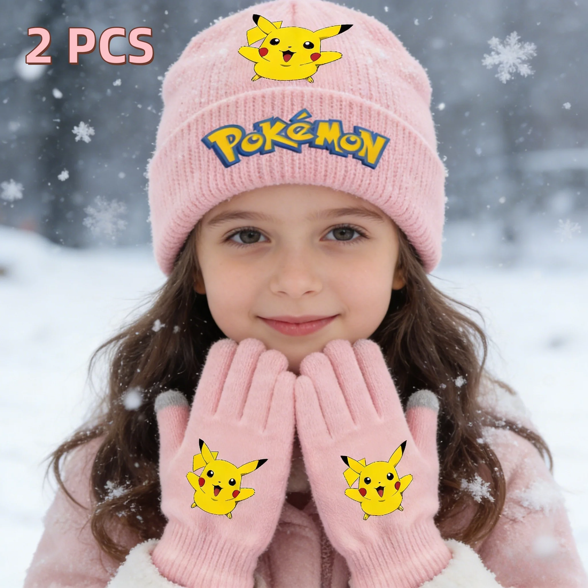 

2Pcs Pikachu Knitted Hat Gloves Set Anime Pokémon Girl Cute Cap Fashion Rayquaza Glove Children Winter Fleece-Lined Wear Gift