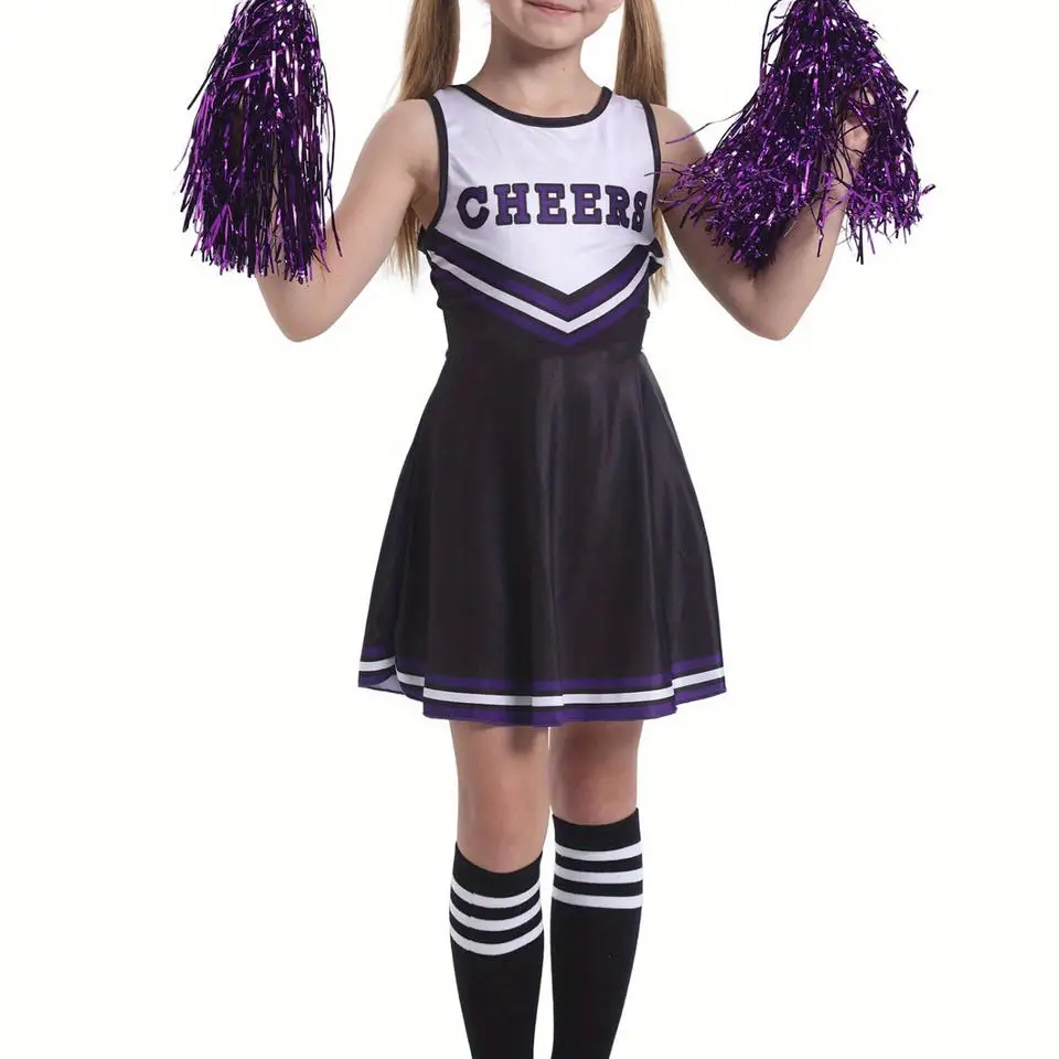 

Униформа черлидинга для девочек, танцевальный костюм без рукавов с буквенным принтом, детский наряд болельщика, платье с круглым вырезом, цветы и носки