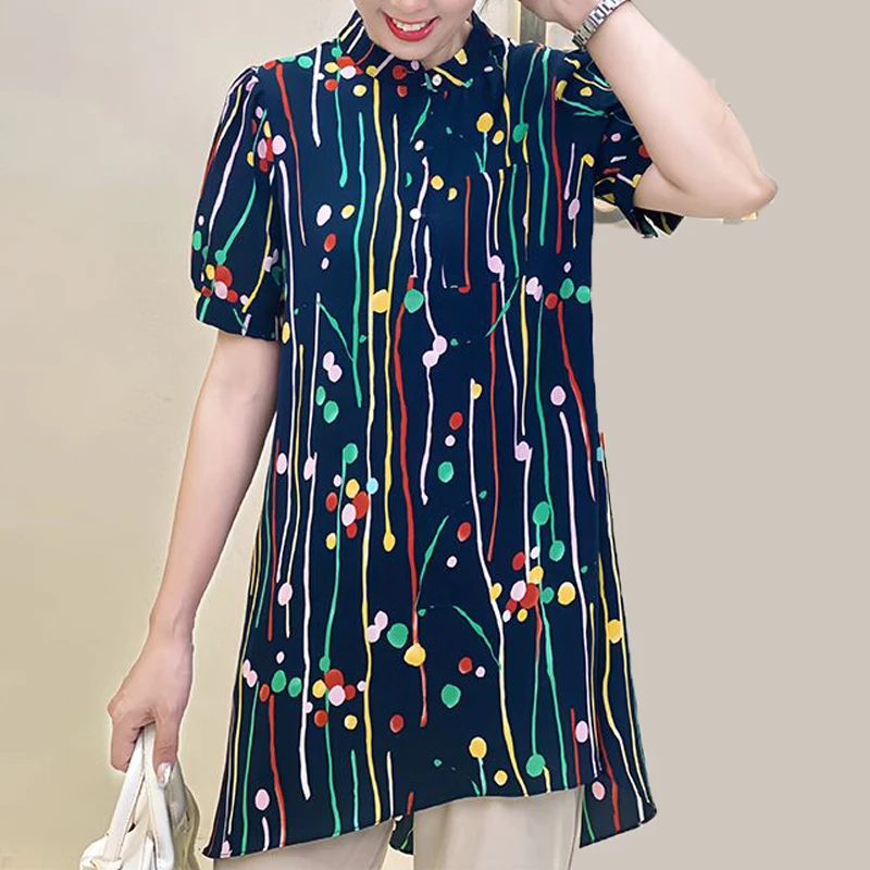 2024 Summer Women Stylish Print Button Up Shirt Elegant Casual O Neck Short Sleeve Blouse Ladies Loose Tunic Tops Chiffon Blusas