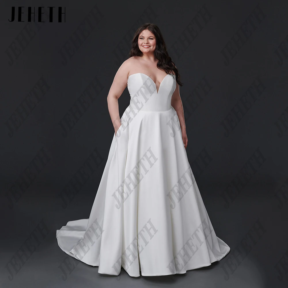 

JEHETH Exquisite Wedding Dresses Plus Size Classic Sleeveless Sweetheart Bride Gowns Satin A-Line Backless vestidos de novia