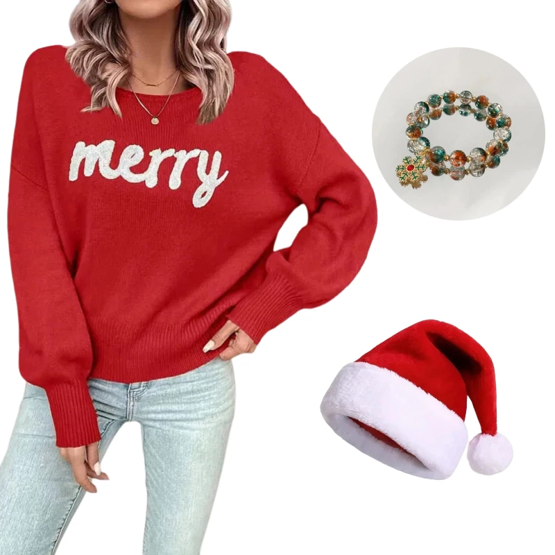 

Christmas Red Knitwear Crew-neck Sweater Merry Printing Couple Costume with Hat Bracelet Full Set for Women Xmas Casual Wear