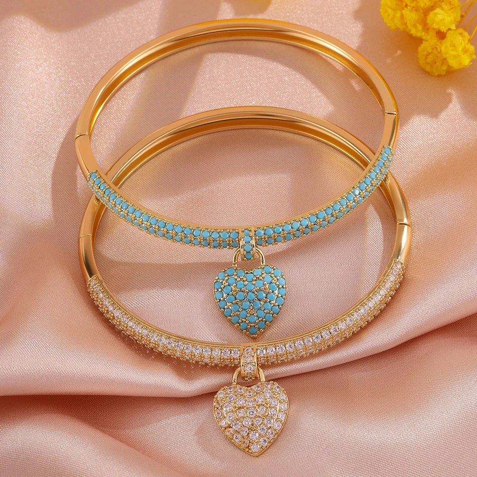 ZAKOL Boho-Armreif mit türkisfarbenem Herzanhänger für Damen, goldfarben, glänzender Zirkonia, Vintage, für den täglichen Gebrauch, Partys, Schmuck, Geschenk, modisches Accessoire. – Detail 6