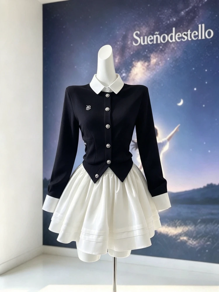Sweet Elegant 2 Piece Set Women Fake Two Piece Contrast Collar Button Knit Cardigan Pleated Bubble Mini Skirt Ruffle Trim Slim