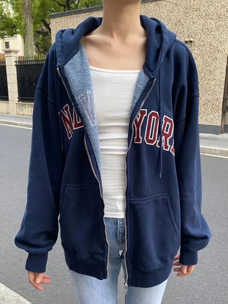 Vintage Letter Embroidery Zip-up Hoodies Woman Autumn Long Sleeve Hooded Cotton Sweatshirts Sweet Casual Oversized Hoodies Tops