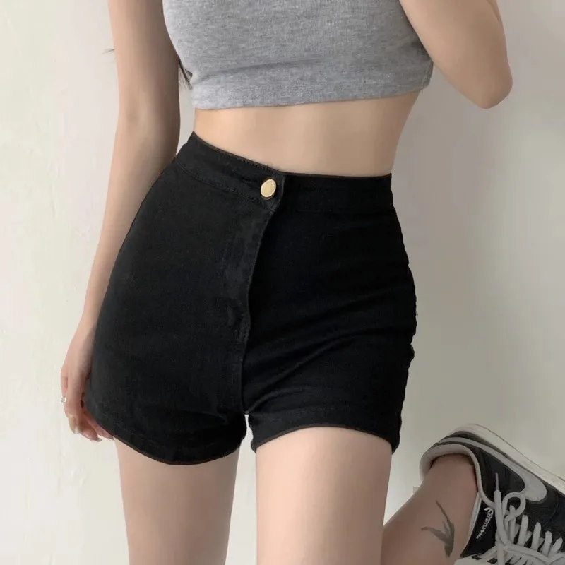 2026 New Motorcycle Shorts Summer Women High Waist Button Wigh Leg Jeans Shorts Casual Female Loose Blue Denim Shorts Black